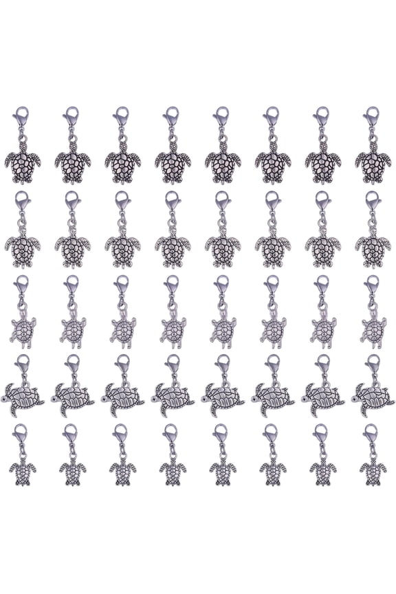 40 Pcs 5 Styles Turtle Charm Pendant with Alloy Lobster Clasp Tortoise Clip on Charms for Necklace Bracelet Earring Keychain DIY Craft Jewelry Making Silver