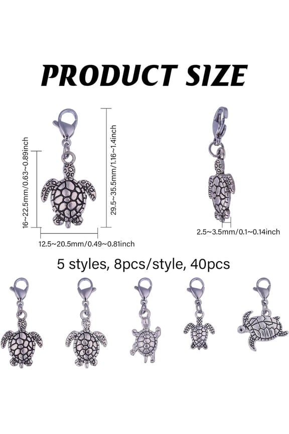 40 Pcs 5 Styles Turtle Charm Pendant with Alloy Lobster Clasp Tortoise Clip on Charms for Necklace Bracelet Earring Keychain DIY Craft Jewelry Making