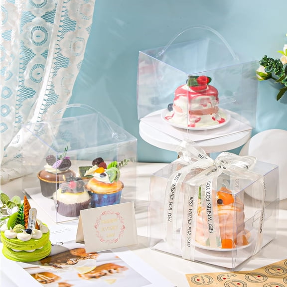 40 Pcs 6 x 6 x 5 Inch Transparent Cake Boxes with Handle and Boards
