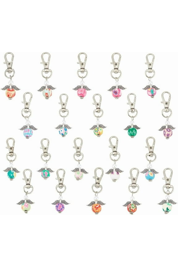 40 Pcs Angel Keychains Colorful Angel Wing Key Charms Fairy Wing Glass Polymer Clay Keyring Hanging with Alloy Swivel Clasps Purse Pendants