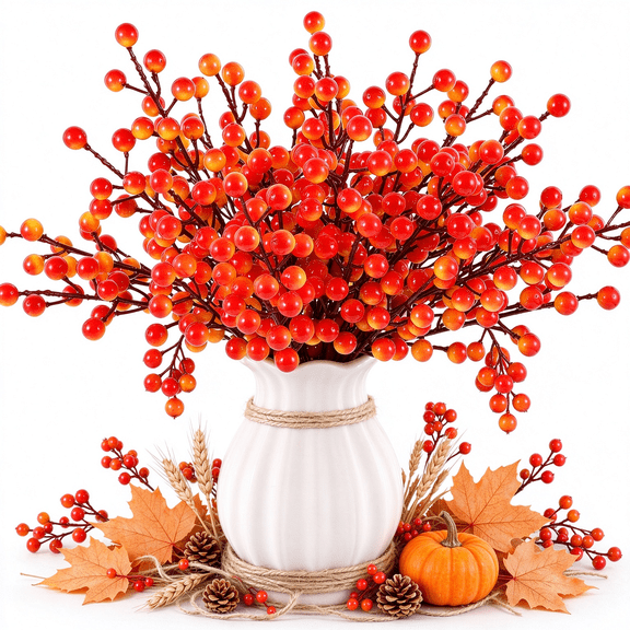 40 Pcs Artificial Berry Stems Branches, Fall Halloween Faux Holly Berries Artificial Fall Flowers Accessories for Autumn Thanksgiving Wreath Christmas Tree DIY Craft Decorations Holiday Home Decor