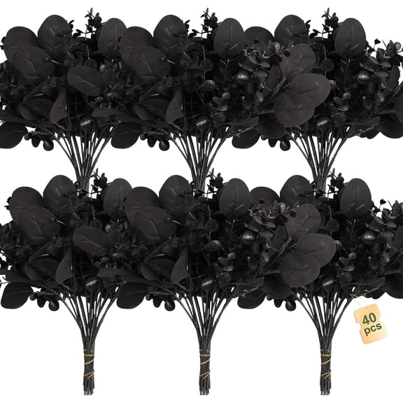 40 Pcs Artificial Black Eucalyptus Stems, Fake Eucalyptus Leaves Branches Bouquet for Flower Arrangement DIY, Black Silk Flowers for Home Halloween Farmhouse Decor