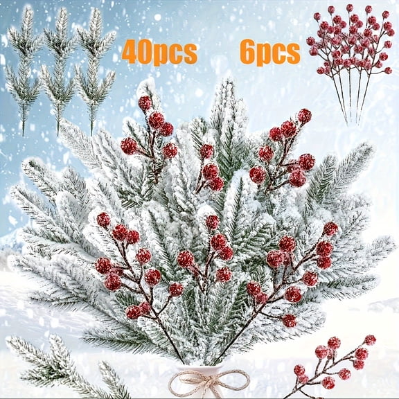 40 Pcs Artificial Pine Needles 6 Pcs red berry Branches Garland Green Plants Pine Needles Snow Covered Style Christmas Picks Fake Christmas Greenery for Xmas DIY Garland Wreath Home Garden Decor
