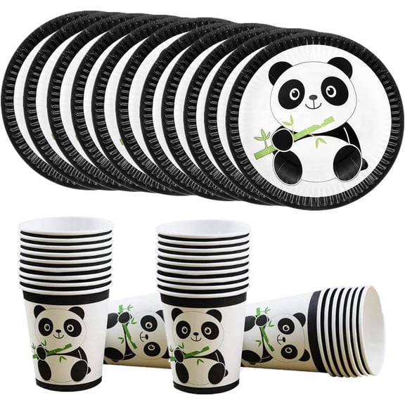 40 Pcs Black White Panda Party Supplies, Panda Disposable Tableware Set with Panda Plates Cups for Kids Baby Shower Birthday Decorations, Serves 20 Guest