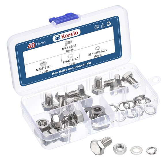 40 Pcs Bolts and Nuts Washers Kit - [M8-1.25x12] 304 Stainless steel Hex Tap Bolt Assortment Fully Threaded Hexagon Head Machine Bolt Right Hand External Hex Drive, Silver tone