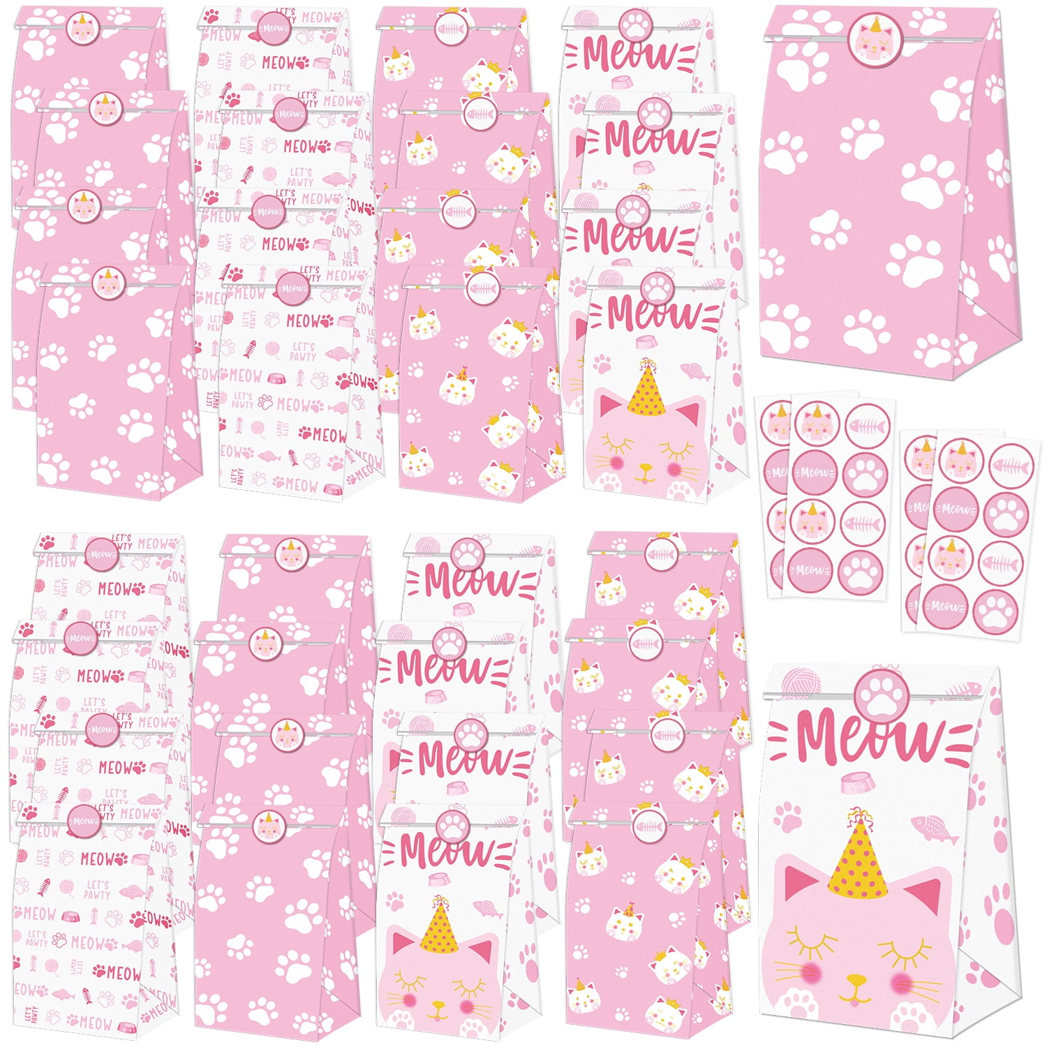 40 Pcs Cat Gift Bags, Kitten MEOW Treats Bags, Paw Print Goodie Bags, Cat Theme Paper Bags with Cat Stickers for Girls Kids Kitty Pet Treat Party Favor Cat Birthday Party Decorations