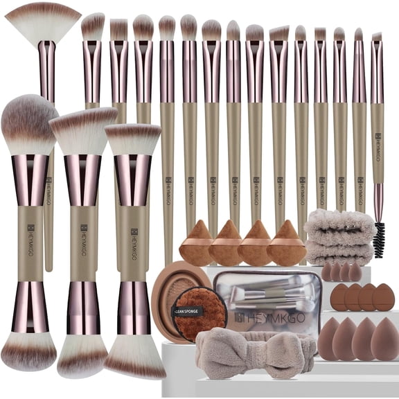 40-Pcs Champagne Gold Makeup Brush Set - Dual Ended Professional Brushes for Foundation, Blush, Contour & Eyeshadow with Sponges, Puffs & Clear Bag