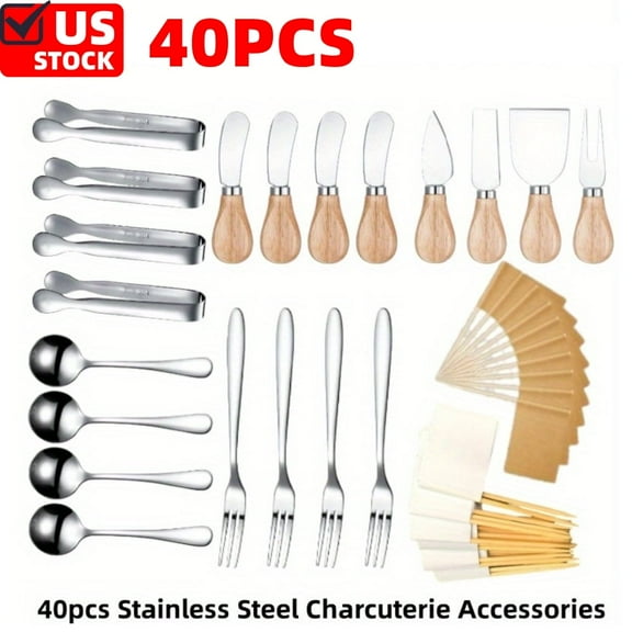 40 Pcs Cheese Knives, Wooden Handle Cheese Knife Set for Charcuterie Board, Mini Steel Stainless Cheese Cutter Spreader ForkMini Serving Tongs Spoons for Party Wedding Christmas