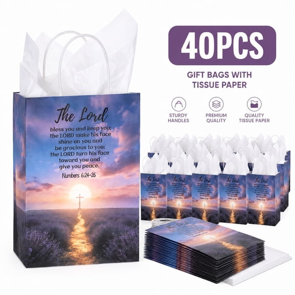 40 Pcs Christian Gift Bags with Tissue Paper, Bible Verse Religious Favor Bags with Handles, Elegant Cross Gift Bags for Church Members, Baptism, First Communion, Easter, Christmas and Faith Events