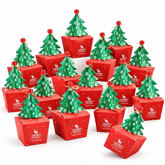 40 Pcs Christmas Gift Boxes with Bells, Red Xmas Tree Treat Boxes for Candy, Snacks and Small Gifts, Christmas Party Favor Packaging
