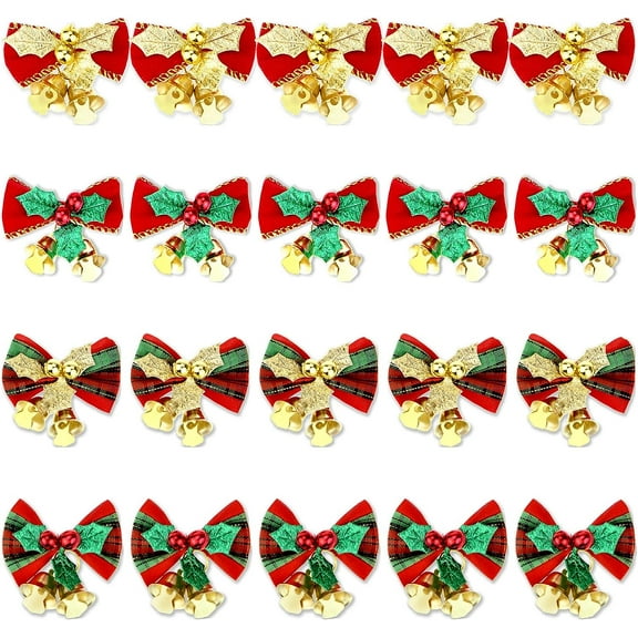40 Pcs Christmas Tree Bows, Christmas Bow with Bells,Mini Christmas Tree Decoration Bows, Christmas Ornaments Gift Decorations,Christmas Bows for Wreaths, 4 Styles (5 * 3.5cm)