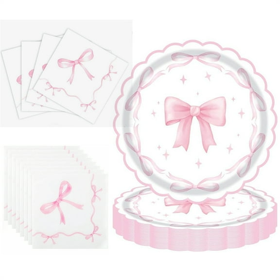 40 Pcs Coquette Bow Themed Tableware Set,Pink Disposable Paper Plates and Napkins,Decorative Dessert Plates,Cute Bowknot Tissue,for Bachelorette Engagement Wedding Birthday By Scheam