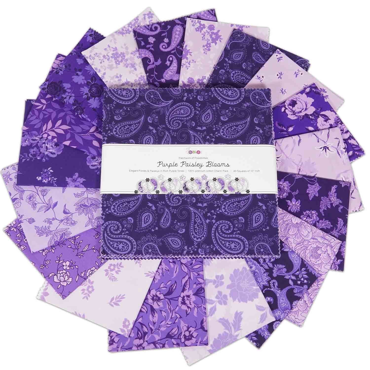40 Pcs Cotton Bundles Charm Packs for Quilting, DIY Fabric Bundle Square, Fat Quarter Layer Cake, Fabric Scraps for Crafts, Precuts Quilt Squares 10 x 10 inches - Purple Paisley Blooms
