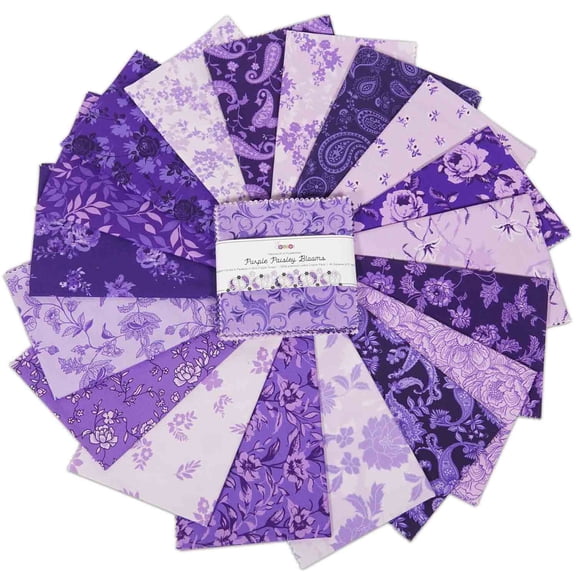 40 Pcs Cotton Bundles Charm Packs for Quilting, DIY Fabric Bundle Squares, Fat Quarter Layer Cakes, Fabric Scraps for Crafts, Precuts Quilt Squares 5 x 5 inches - Purple Paisley Blooms