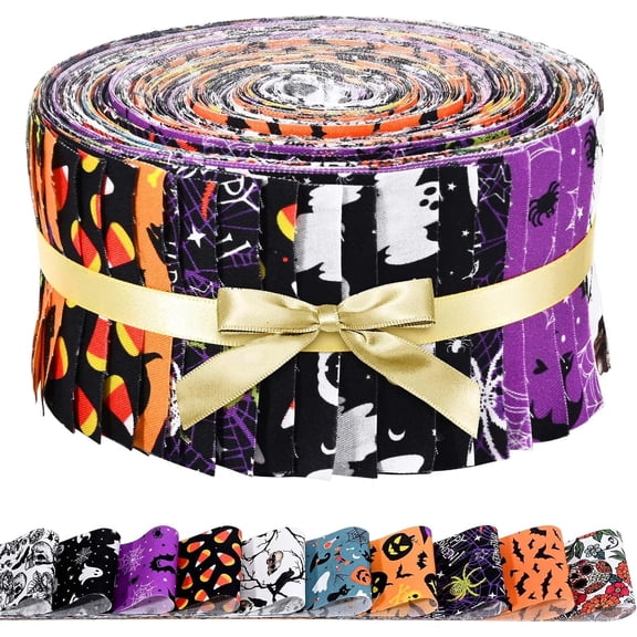40 Pcs Cotton Fabric Strips Roll for Quilting Crafting 40 x 2.6 Inch Quilting Ghost Skull Pumpkin Candy Spider Bat Precut Patchwork for Sewing DIY Crafts Cotton Fabric Bundles