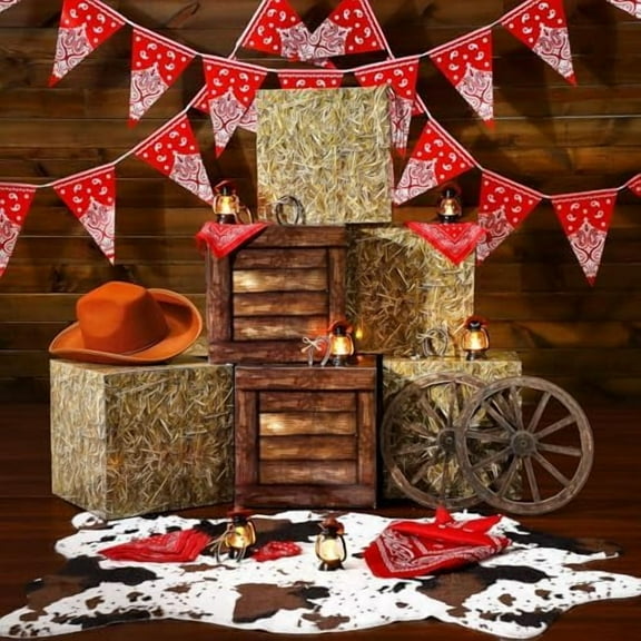 40 Pcs Cowboy Theme Party Decoration Western Party Decor Rodeo Table Centerpieces Mini Cowboy Hats Lantern Carton Horseshoe Wheel Red Pull Flag Scarf Decorative for Adults Cowgirl Farm Party