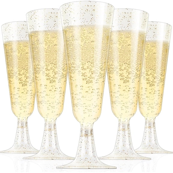 40 Pcs Disposable Champagne Flutes Plastic,5.5 Oz Gold Glitter Champagne Glasses,Clear Plastic Toasting Glasses for Wedding Birthday Party Baby Shower,Cocktail Cups Bulk