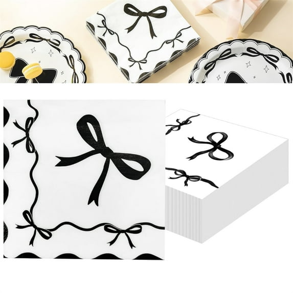 40 Pcs Disposable Cocktail Napkins Black Bow Dinner Napkins Scalloped Edges 2-Lay Paper Tissue for Bachelorette Bridal Engagement Birthday Wedding Decorations Supplies By Schem
