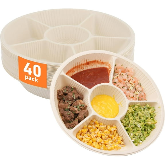 40 Pcs Disposable Divided Plates with 6 Deep Compartments, 12 Inch Large Disposable Sectional Plates, Biodegradable Cornstarch Divided Serving Tray for Party - Microwave Safe