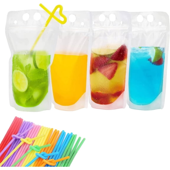 40 Pcs Drink Pouches Bags,Hand-Held Frosted Translucent Drink Bags,Milk Tea Bag Juice Self-Sealing Bag,Take-Wway Disposable Beverage Handbag,Drink Pouches with Reclosable Zipper (Clear)