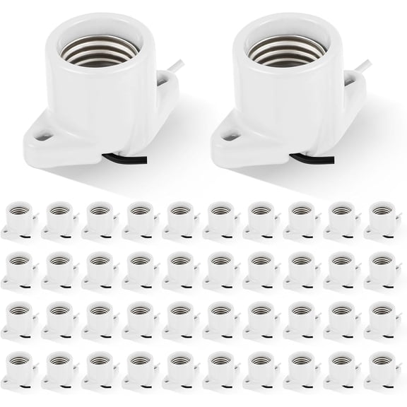 40 Pcs E26 Light Socket Medium Base Porcelain Lamp Holder Keyless Cleat Bulb Socket with Two Hole Flanged Mounting with 6" Leads for Home Room Garage Closet Indoor Outdoor Lighting