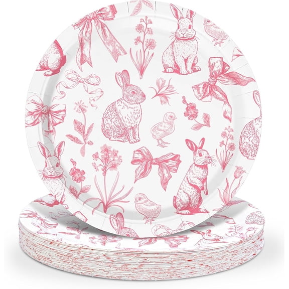 40 Pcs Easter Bunny Disposable Paper Plates 9 Inch Pink Rabbit Bow Floral Design Spring Party Tableware For Baby Shower Birthday Table Decor