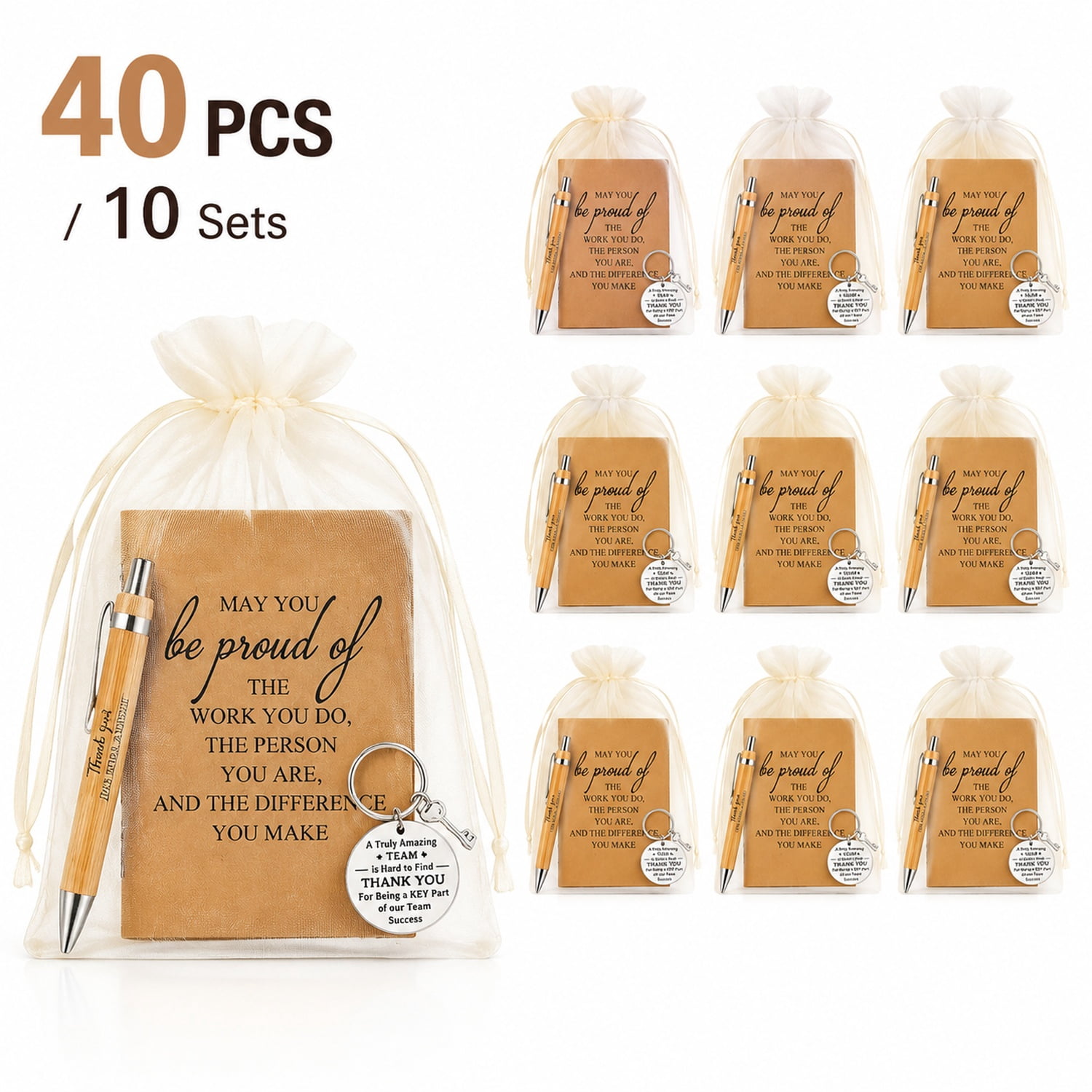 40 Pcs Employee Appreciation Gifts Bulk - Motivational Pocket Notebooks, Natural Bamboo Pens, Gratitude Keychains, Sheer Organza Bags - Team Gifts for Employees, Volunteers, Nurses, Teachers, Colleag