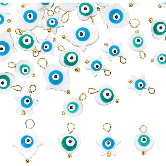 40 Pcs Evils Eye Charms 4 Styles of Natural Freshwater Shell Charms with Gold Alloy Ring Evils Eye Hamsa Hand Jewelry Suitable for Bracelet Necklace Jewelry Making Colorful