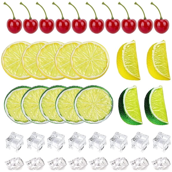 40 Pcs Fake Crushed Ice and Square Rocks,10 Artificial Fruit Lemon Slices, 4 Simulation Blocks 10 Lifelike Cherries for Home Kitchen Decoration Photography Prop