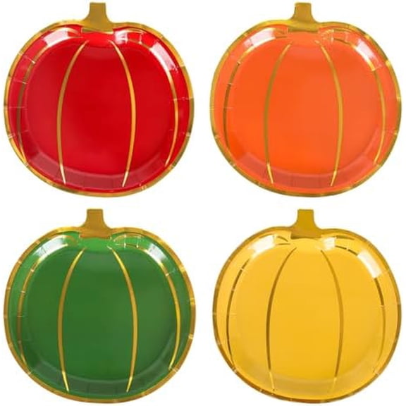 40 Pcs Fall Pumpkin Paper Plates Gold Foil Green Red Orange Pumpkin Shape Disposable Plates 9 Inch Colorful Autumn Tableware for Thanksgiving Wedding Halloween Dinner Harvest Party Decor