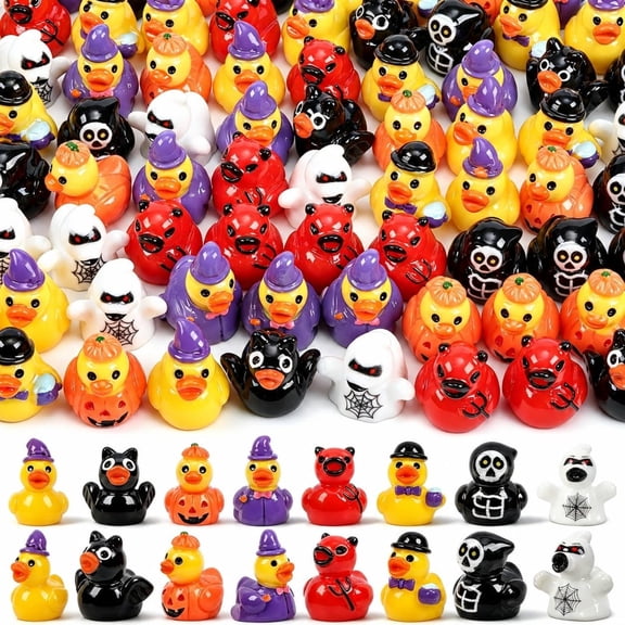 40 Pcs Halloween Mini Ducks, Cute Spooky Miniature Duck Figures, Ghost Devil Witch Black Cat Pumpkin Small Duck Ornaments for Party Favors, Table Decor, DIY Crafts