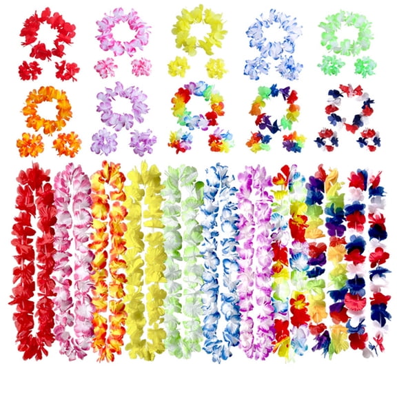 40 Pcs Hawaiian Leis, Luau Party Supplies of Elastic Flowers Necklaces, Headbands and Wristbands - Tropical Hawaiian Decorations, Beach Party Decorations, Birthday Party Favors