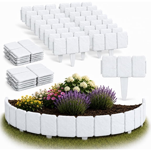 40 Pcs Imitation Stone Garden Fence Plastic Retaining Edging Border Cobbled Effect Landscape Decor Interlocking Decorative Panels Flower Bed Path Lawn Outdoor Picket Yard Grass Edge (White)
