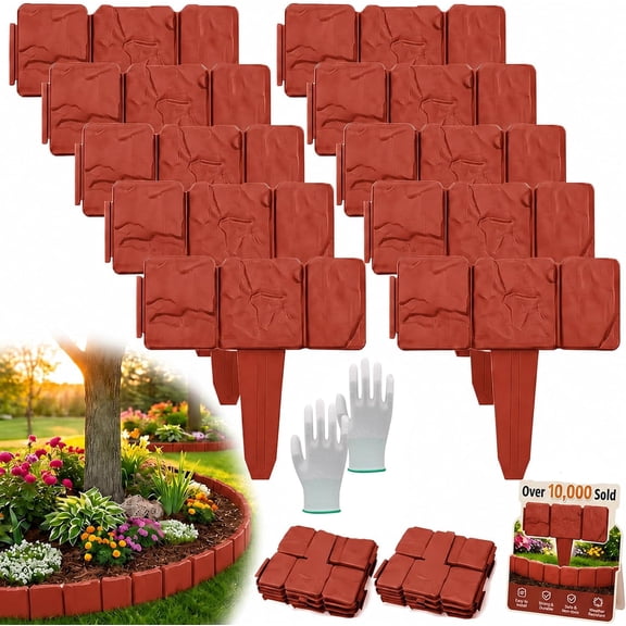 40 Pcs Imitation Stone Garden Fence Plastic Retaining Edging Border Grey Cobbled Effect Landscape Decor Interlocking Decorative Panels Flower Bed Path Lawn Outdoor Picket Yard Grass Edge (Red,10pcs)