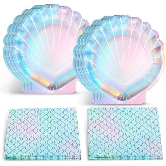 40 Pcs Iridescent Mermaid Party Supplies Set, 20 Clam Shell Plates and 20 Scales Napkins Mermaid Party Decorations Disposable Paper Plates and Napkins Seashell for Birthday (Shell)