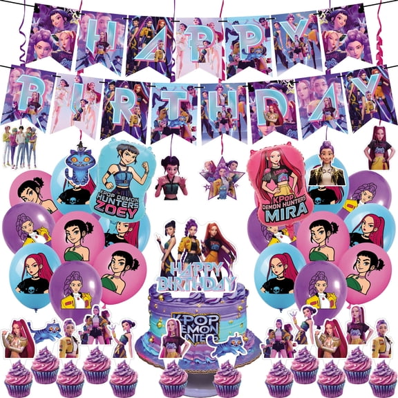 40 Pcs For K-pop Movie Theme Birthday Party Decorations,With 1 Happy Birthday Banner Garland,13 Cupcake Toppers,18 Balloons,2 Foil Balloons,6 Hanging Swirls,All-in-One Party Supply Set
