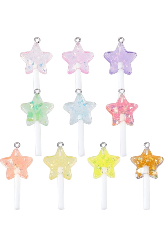 40 Pcs Lollipop Star Charms 10 Colors Star Lollipop Resin Pendants Imitation Candy Charms with Loop Paillette and Plastic Handle