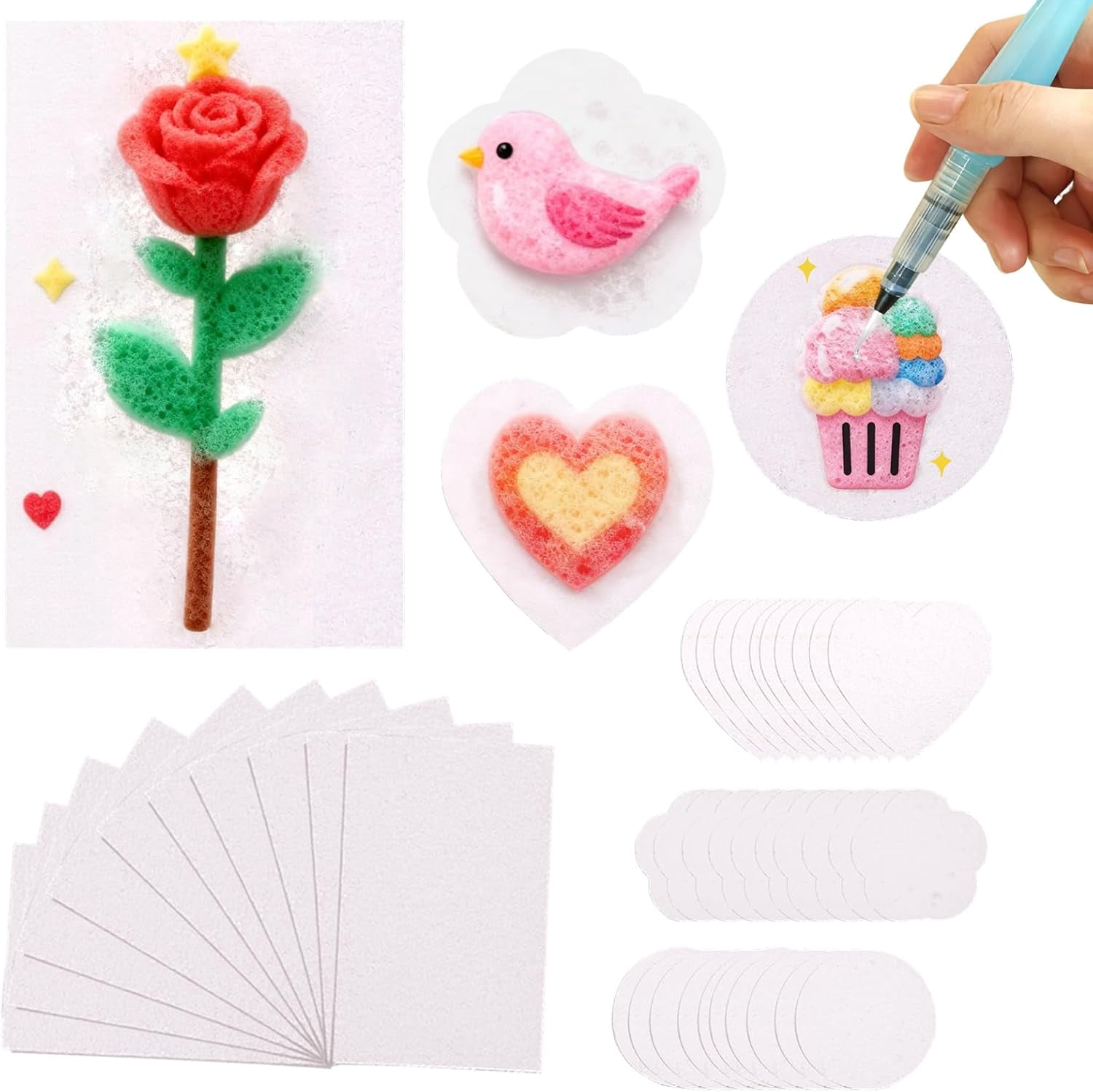 40 Pcs Magic Puffy Foam Texture Painting Papers Refill, Puffy Textured Blank Paper 3D Drawing Art with 1 Water Brush, DIY Creative Artwork Kit for Boys Girls Valentines Day Birthday Gifts