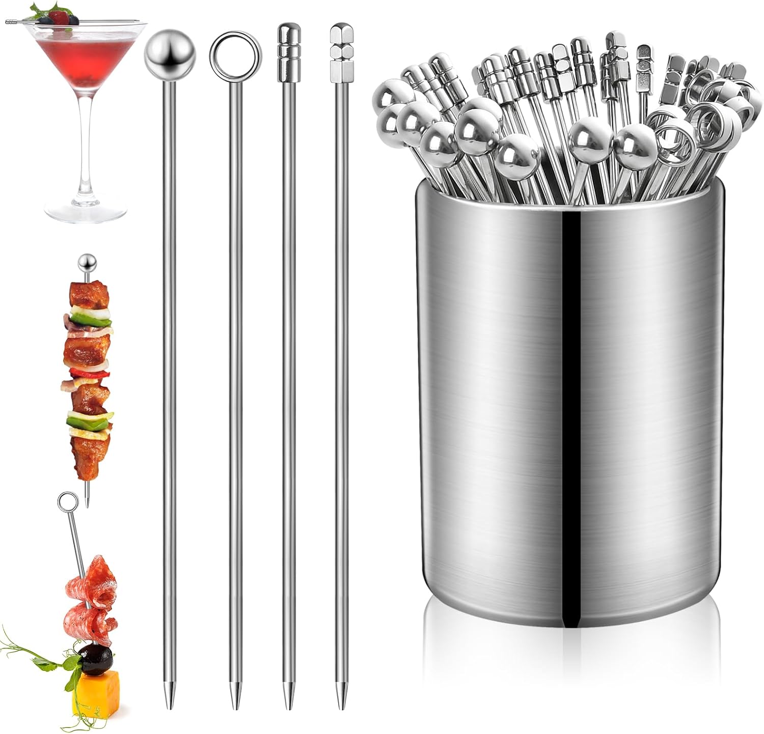 40 Pcs Metal Cocktail Picks, 4.3" Picks Sticks with Storage Holder Kit, Reusable Martini Garnish Skewers for Olives, Fruits, Bloody Mary, Appetizer, Sandwiches