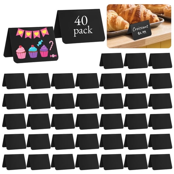 40 Pack Mini Chalkboard Signs – Black V‑Shaped PVC Table Tags, 2.95" x 2.95" x 3.94", Erasable, Reusable Display Cards for Bakery, Buffet, Cafe, Market & Food LabelinG
