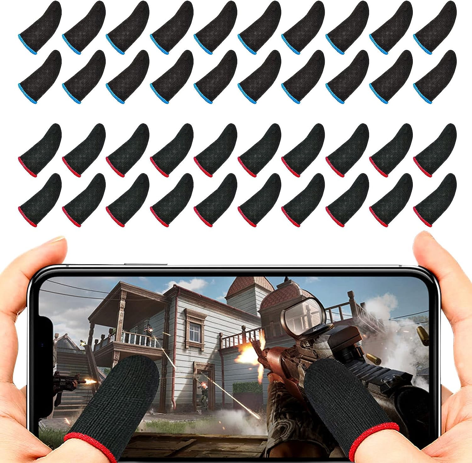 40 Pcs Mobile Game Finger Sleeve, Pro Gaming Finger Gloves Anti-sweat Thumb Sleeves Breathable Finger Gloves Touch Screen Finger Sleeve Thumb Mobile Gaming Controller for Men Women (Blue,Red)