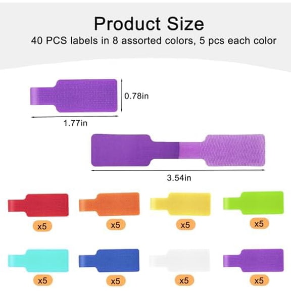 40 Pcs Multi Color Cord Labels Tags, Writable Rectangular Wire Labels for Electronics, Computer & Industrial Cable Management and Identification, Durable Cable Tags in 8 Assorted Colors(1.77" x 0