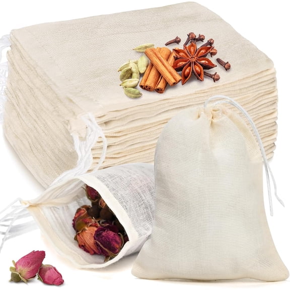 40 Pcs Muslin Bags with Drawstring, Reusable Tea Bags, Spice Bags for Cooking Soup/Herb/Loose Leaf Tea, Natural Cotton Small Cheese Cloth Bag for Straining, Sachet Bags Empty, 4 X 3 Inches