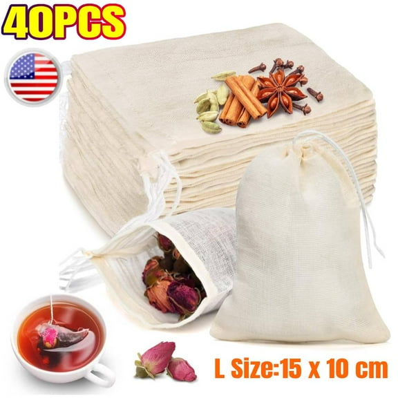 40 Pcs Natural Cotton Spice Bags for Cooking, Reusable Tea Filters with Drawstring, Ideal for Straining Soups, Herb Sachets & Cold Brew(15 x 10 cm)