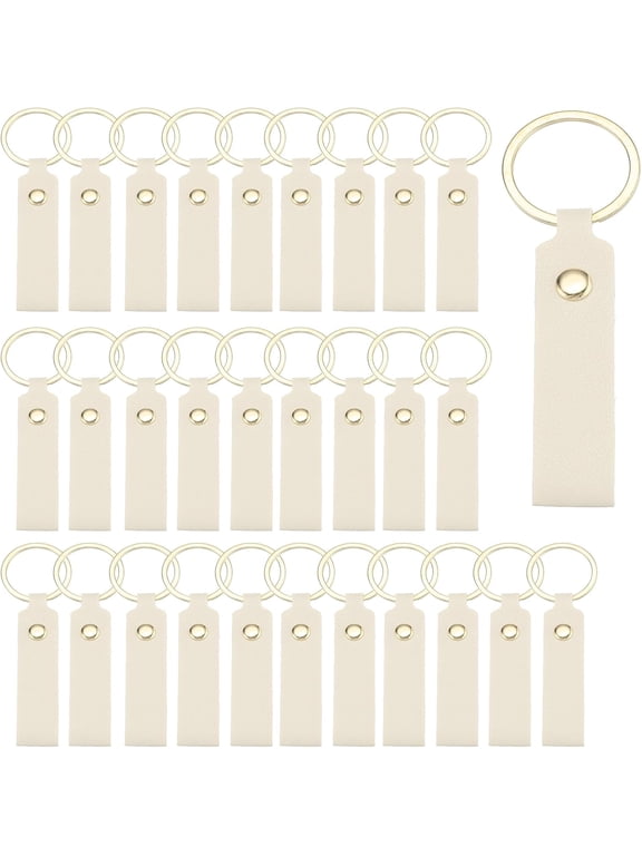 40 Pcs PU Leather Keychain Blanks Bulk Laser Engraving Key Fob Kit with Rings for DIY Supplies Gifts (White, 3.7" x 0.7") White -