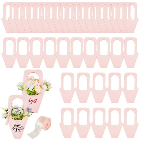 40 Pcs Pink Kraft Paper Flower Gift Bags Bouquet Bags with Handle, Creative Cone Flower Wrapping Paper Bags for Bouquets with 10 Yard Sparkling Ribbon, Flower Bags for Home Florist Wedding