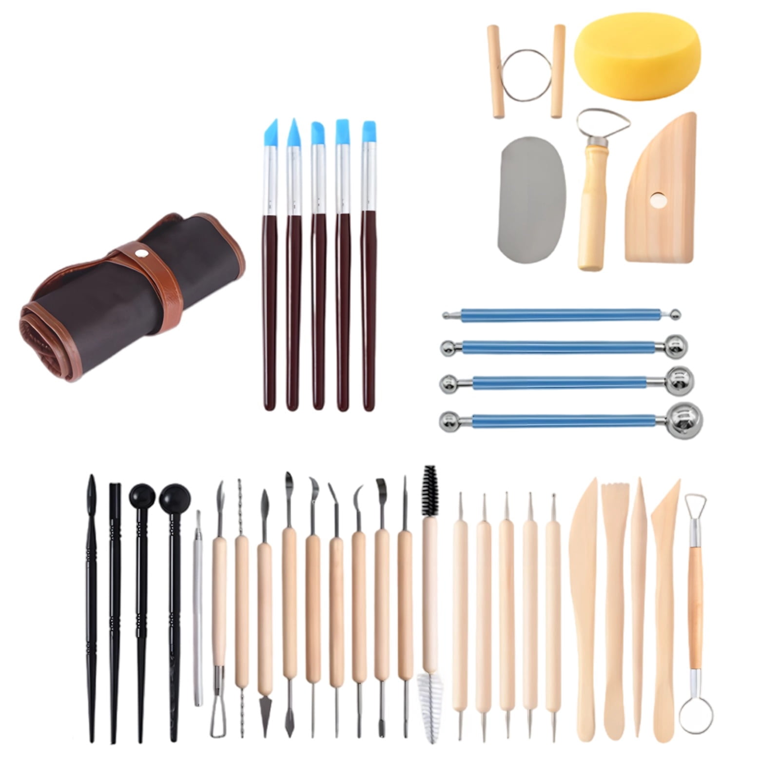 40 Pcs Pottery Tools Set, Clay Sculpting Tools with Wooden Handle, Ball Stylus, Plastic Scrapers & Silicone Brushes for Pottery, Ceramics, Dough, DIY Crafting