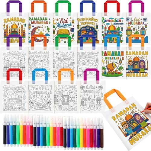 40 Pcs Ramadan Coloring Goodie Bags Bulk with Paint Pens Eid Mubarak Party Favors Coloring Gift Bags Ramadan Crafts Reusable Canvas Bag for Eid Mubarak Home Activities Party Favors