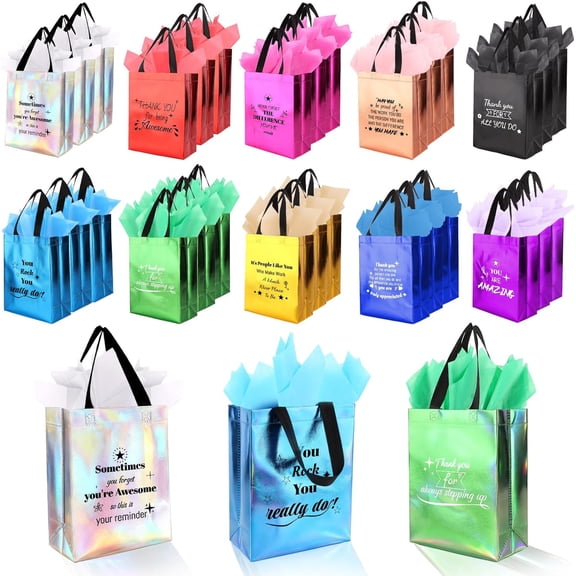 40 Pcs Reusable Gift Bags with Handles - Include 20 Iridescent & Tissue Paper Employee Appreciation Gifts Bulk for Staff, Team, Coworker, Teachers, Nurse, Thank You (Colorful)