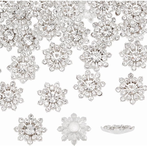 40 Pcs Rhinestone Buttons - 0.6 Inch Crystal Silver Alloy Shank Snowflake Shape